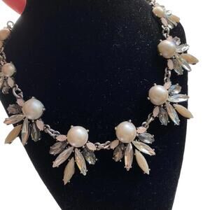 LOFT Statement Necklace Floral Rhinestones Faux Pearls 20" Silver Tone Chain